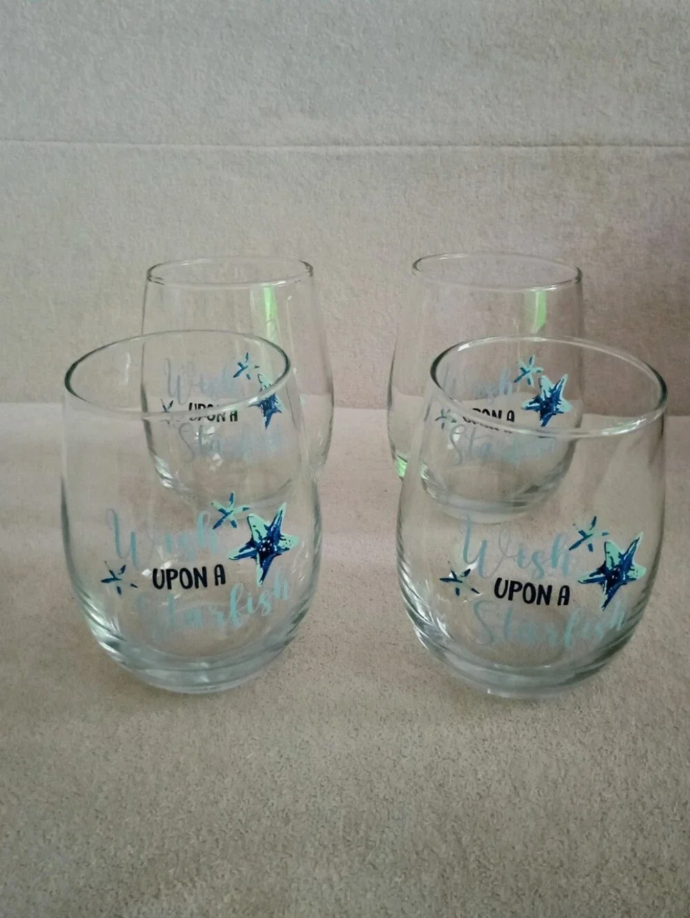 Wish Upon A Starfish Set of 4 Clear Glass Tumbler Glasses Blue Design